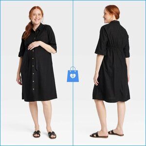 XXL - Elbow Sleeve Midi Maternity Linen Shirtdress - Isabel Maternity - Black